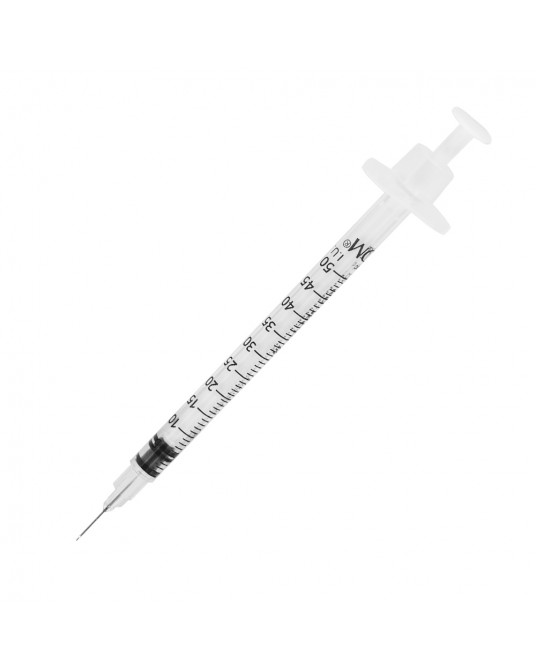 Strzykawka insulinowa 1 ml U-100 z wtopioną igłą.